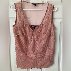 DKNY sequined and beaded sleeveless tulle top with matching silk camisole. Sz 12